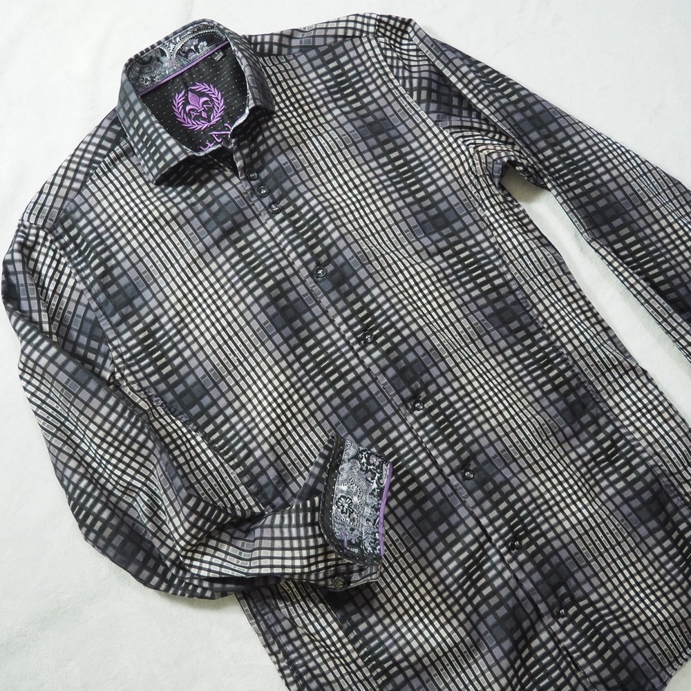 Au Noir Sz 1 Men's Casual Button-Down Shirt in Black & Gray Plaid 100% Cotton